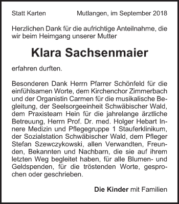 Traueranzeige von Klara Sachsenmaier von Gmünder Tagespost