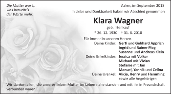 Traueranzeige von Klara Wagner von Schwäbische Post