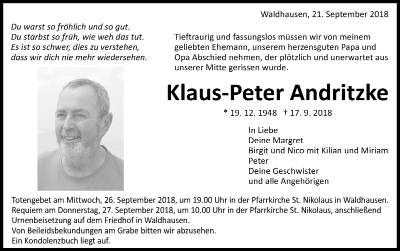  Traueranzeige für Klaus-Peter Andritzke vom 21.09.2018 aus Schwäbische Post
