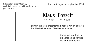 Traueranzeige von Klaus Posselt von Gmünder Tagespost