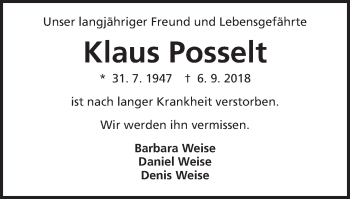 Traueranzeige von Klaus Posselt von Kocher-Lein-Bote