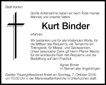 Traueranzeige von Kurt Binder von Schwäbische Post