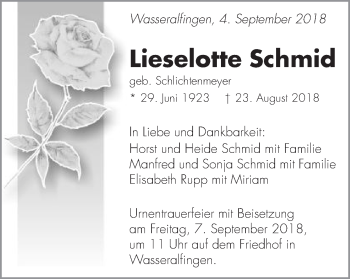 Traueranzeige von Lieselotte Schmid von Schwäbische Post