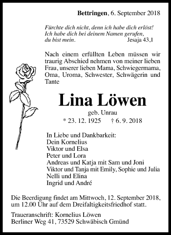 Traueranzeige von Lina Löwen