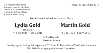 Traueranzeige von Lydia und Gold Gold von Schwäbische Post