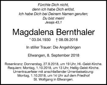 Traueranzeige von Magdalena Bernthaler von Schwäbische Post