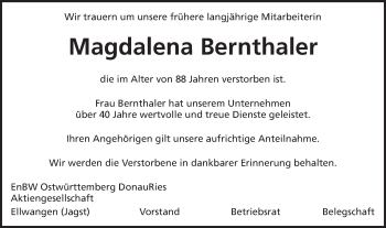 Traueranzeige von Magdalena Bernthaler von Schwäbische Post