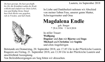 Traueranzeige von Magdalena Endle von Gmünder Tagespost