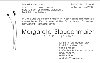 Traueranzeige von Margarete Staudenmaier von Gmünder Tagespost