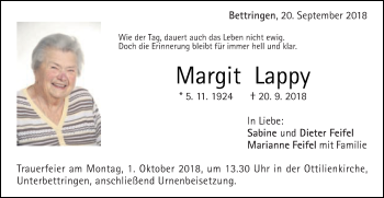 Traueranzeige von Margit Lappy von Gmünder Tagespost