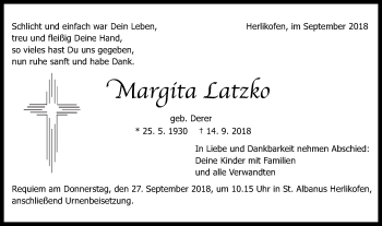 Traueranzeige von Margita Latzko von Gmünder Tagespost