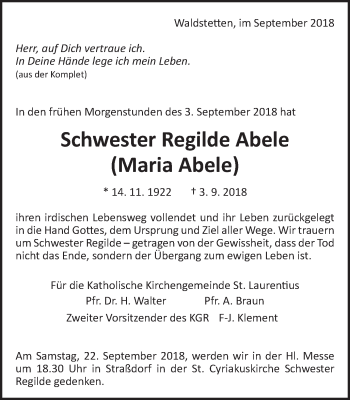 Traueranzeige von Maria Abele von Gmünder Tagespost