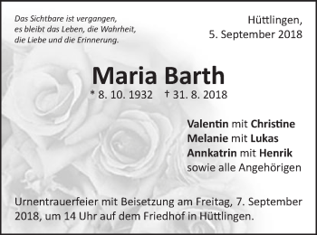 Traueranzeige von Maria Barth von Schwäbische Post