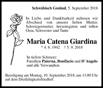 Traueranzeige von Maria Catena Giardina von Gmünder Tagespost