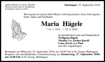 Traueranzeige von Maria Hägele von Gmünder Tagespost