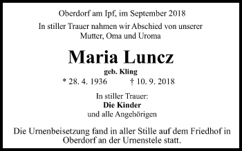 Traueranzeige von Maria Luncz von Bopfinger Stadtanzeiger