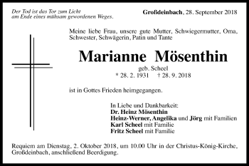 Traueranzeige von Marianne Mösenthin von Gmünder Tagespost