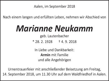 Traueranzeige von Marianne Neukamm von Schwäbische Post
