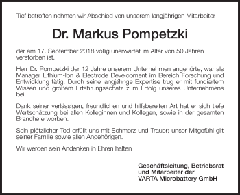 Traueranzeige von Markus Pompetzki von Schwäbische Post