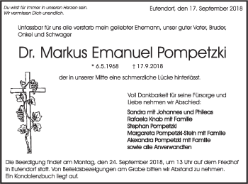 Traueranzeige von Markus Emanuel Pompetzki von Schwäbische Post