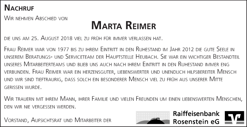  Traueranzeige für Marta Reimer vom 04.09.2018 aus Gmünder Tagespost