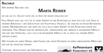 Traueranzeige von Marta Reimer von Gmünder Tagespost