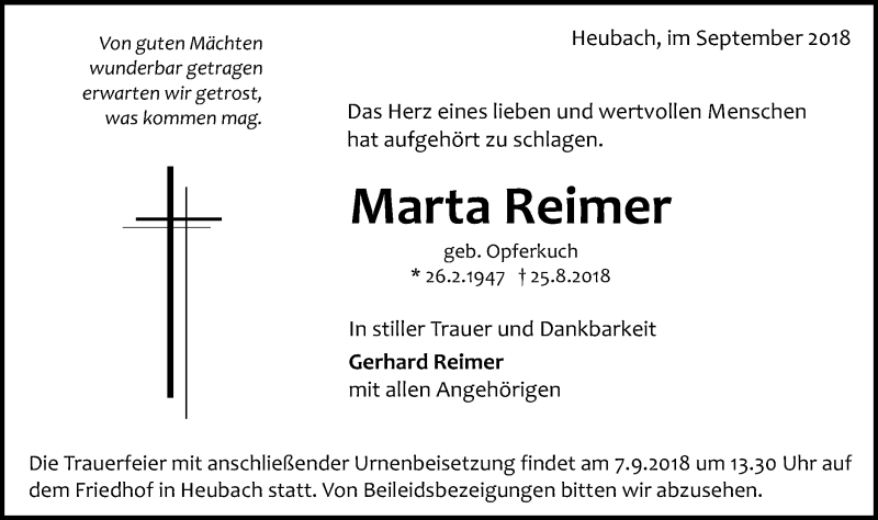  Traueranzeige für Marta Reimer vom 04.09.2018 aus Gmünder Tagespost