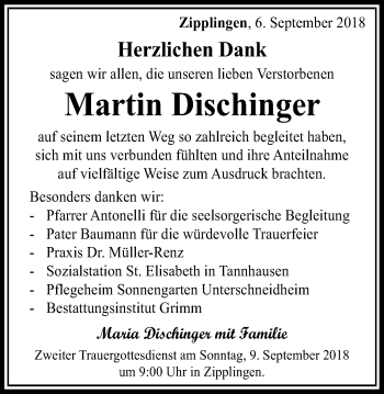 Traueranzeige von Martin Dischinger von Schwäbische Post