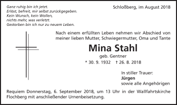 Traueranzeige von Mina Stahl von Schwäbische Post