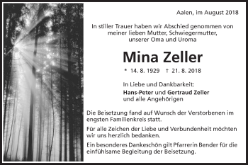 Traueranzeige von Mina Zeller von Schwäbische Post