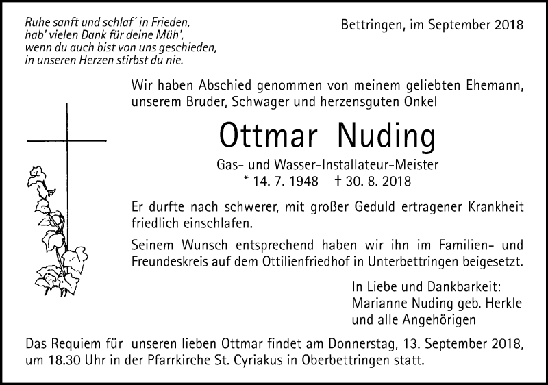  Traueranzeige für Ottmar Nuding vom 08.09.2018 aus Gmünder Tagespost