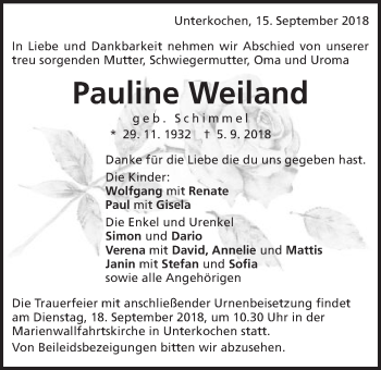 Traueranzeige von Pauline Weiland von Schwäbische Post