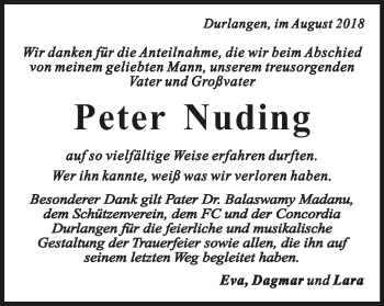 Traueranzeige von Peter Nuding von Gmünder Tagespost