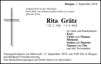 Traueranzeige von Rita Grätz von Gmünder Tagespost