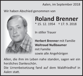 Traueranzeige von Roland Brenner von Schwäbische Post