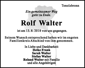 Traueranzeige von Rolf Walter von Gmünder Tagespost
