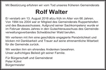 Traueranzeige von Rolf Walter von Gmünder Tagespost