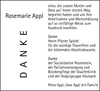 Traueranzeige von Rosemarie Appl von Gmünder Tagespost