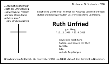 Traueranzeige von Ruth Uniried von Schwäbische Post