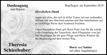 Traueranzeige von Theresia Schleehuber von Schwäbische Post