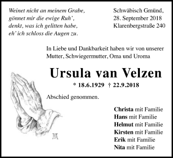 Traueranzeige von Ursula Van Velzen von Gmünder Tagespost