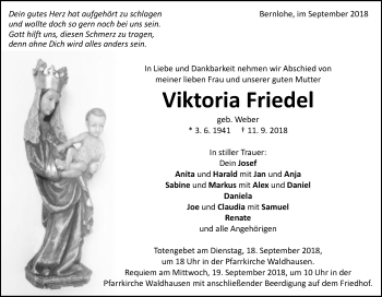 Traueranzeige von Viktoria Friedel von Schwäbische Post