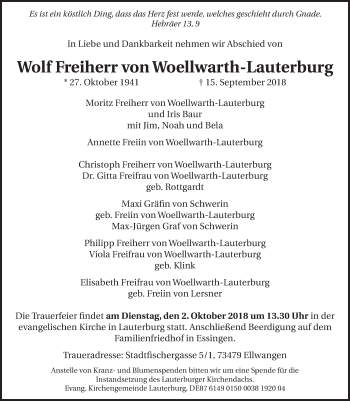 Traueranzeige von Wolf  Freiherr von Woellwarth-Lauterburg von Schwäbische Post