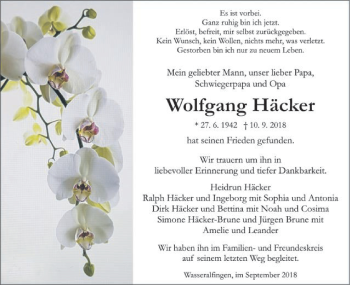 Traueranzeige von Wolfgang Häcker von Schwäbische Post