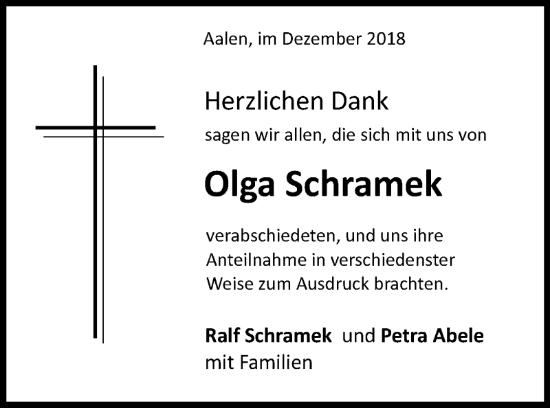  Traueranzeige für Olga Schramek vom 24.12.2018 aus Schwäbische Post