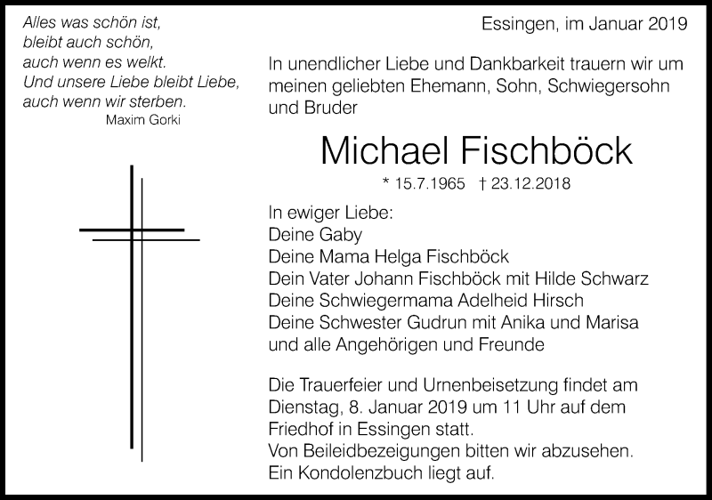  Traueranzeige für Michael Fischböck vom 02.01.2019 aus Schwäbische Post