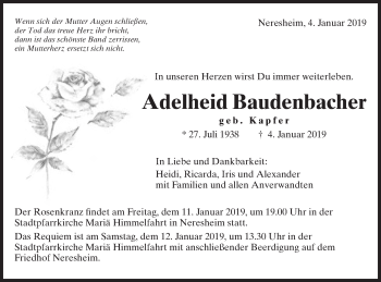 Traueranzeige von Adelheid Baudenbacher von Schwäbische Post