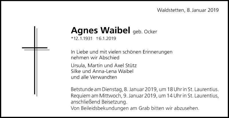  Traueranzeige für Agnes Waibel vom 08.01.2019 aus Gmünder Tagespost