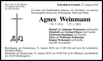 Traueranzeige von Agnes Weinmann von Gmünder Tagespost