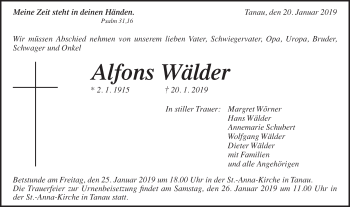 Traueranzeige von Alfons Wälder von Gmünder Tagespost